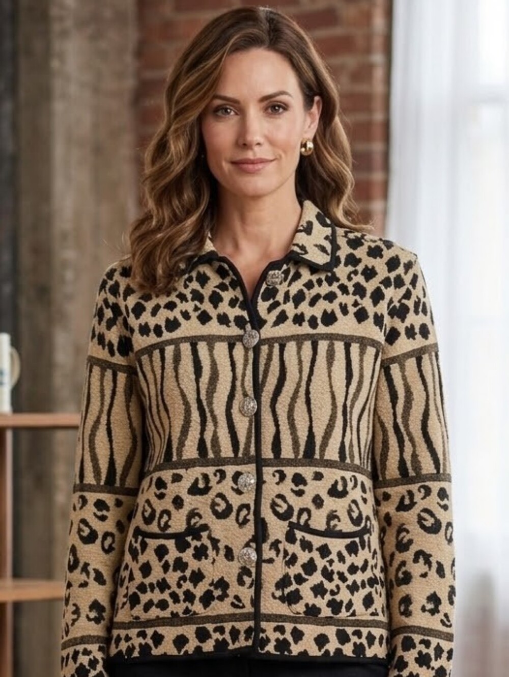 Jane Ashley Tapestry vintage Beige and Black Animal-Block Button Jacket